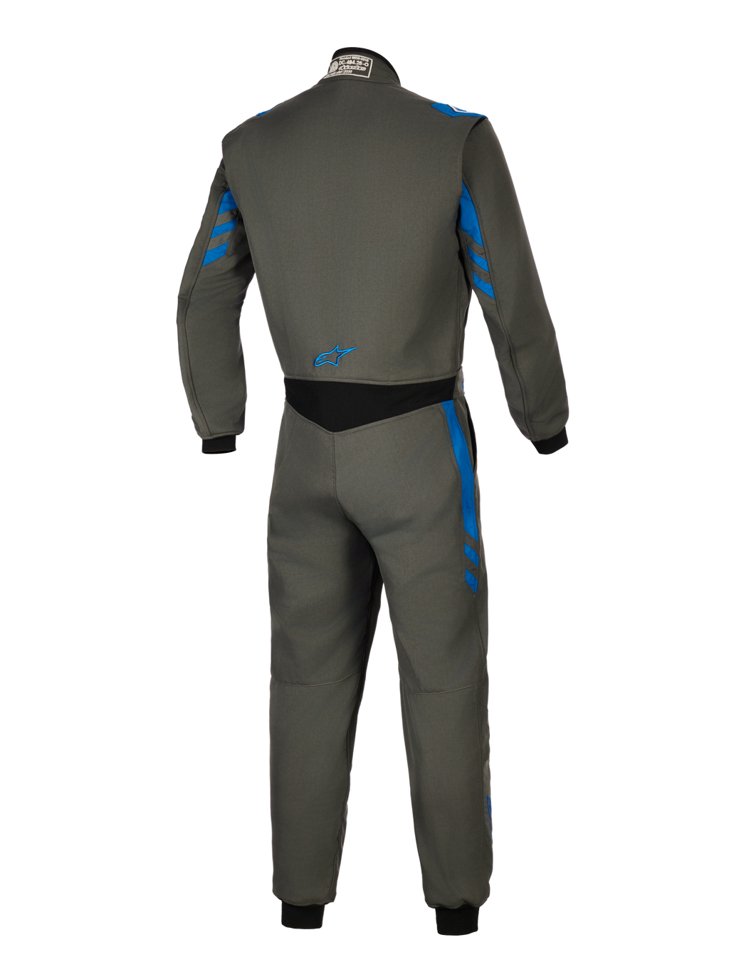 Alpinestars GP Race V3 Suit FIA, racingoverall, Anthracite Blue, baksida som visar grå textilkonstruktion med blå ränder, svart stretchpanel på nedre delen av ryggen och en liten blå logotyp, professionell säkerhetsutrustning för motorsport