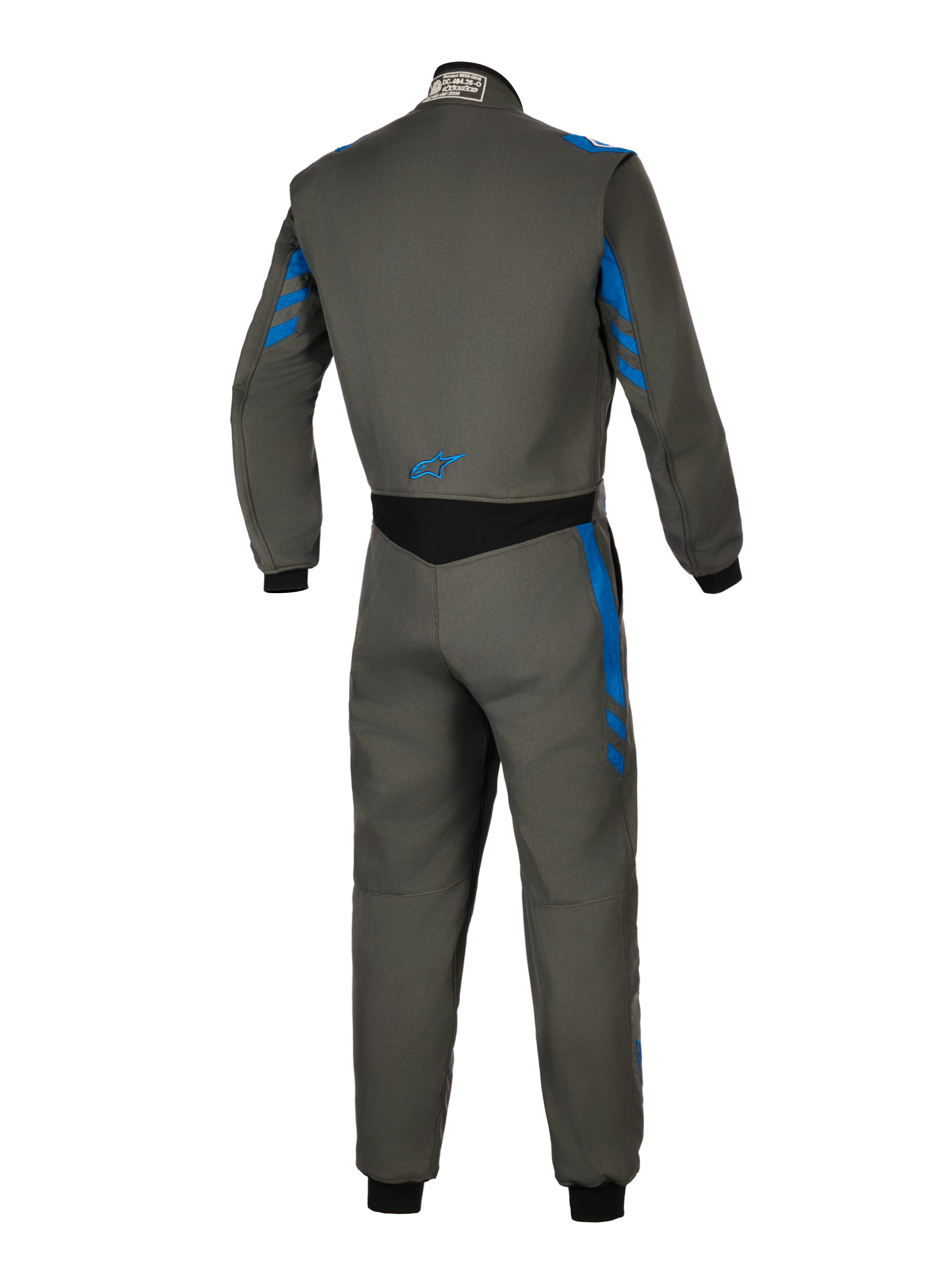 Alpinestars GP Race V3 Suit FIA, racingoverall, Anthracite Blue, baksida som visar grå textilkonstruktion med blå ränder, svart stretchpanel på nedre delen av ryggen och en liten blå logotyp, professionell säkerhetsutrustning för motorsport