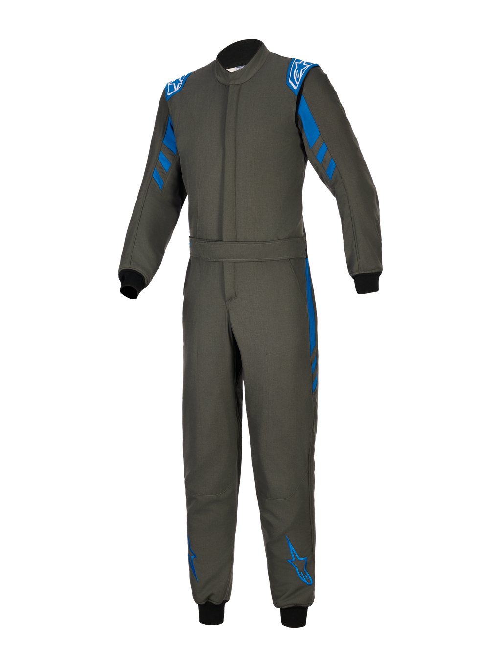 Alpinestars GP Race V3 Suit FIA, antracitblå racingoverall, helkroppsdräkt i textil med blå detaljer på axlar och ben, vita Alpinestars-logotyper, svarta ribbstickade muddar, justerbart bälte i midjan, professionell skyddsutrustning för motorsport