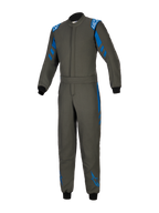 Alpinestars GP Race V3 Suit FIA, antracitblå racingoverall, helkroppsdräkt i textil med blå detaljer på axlar och ben, vita Alpinestars-logotyper, svarta ribbstickade muddar, justerbart bälte i midjan, professionell skyddsutrustning för motorsport