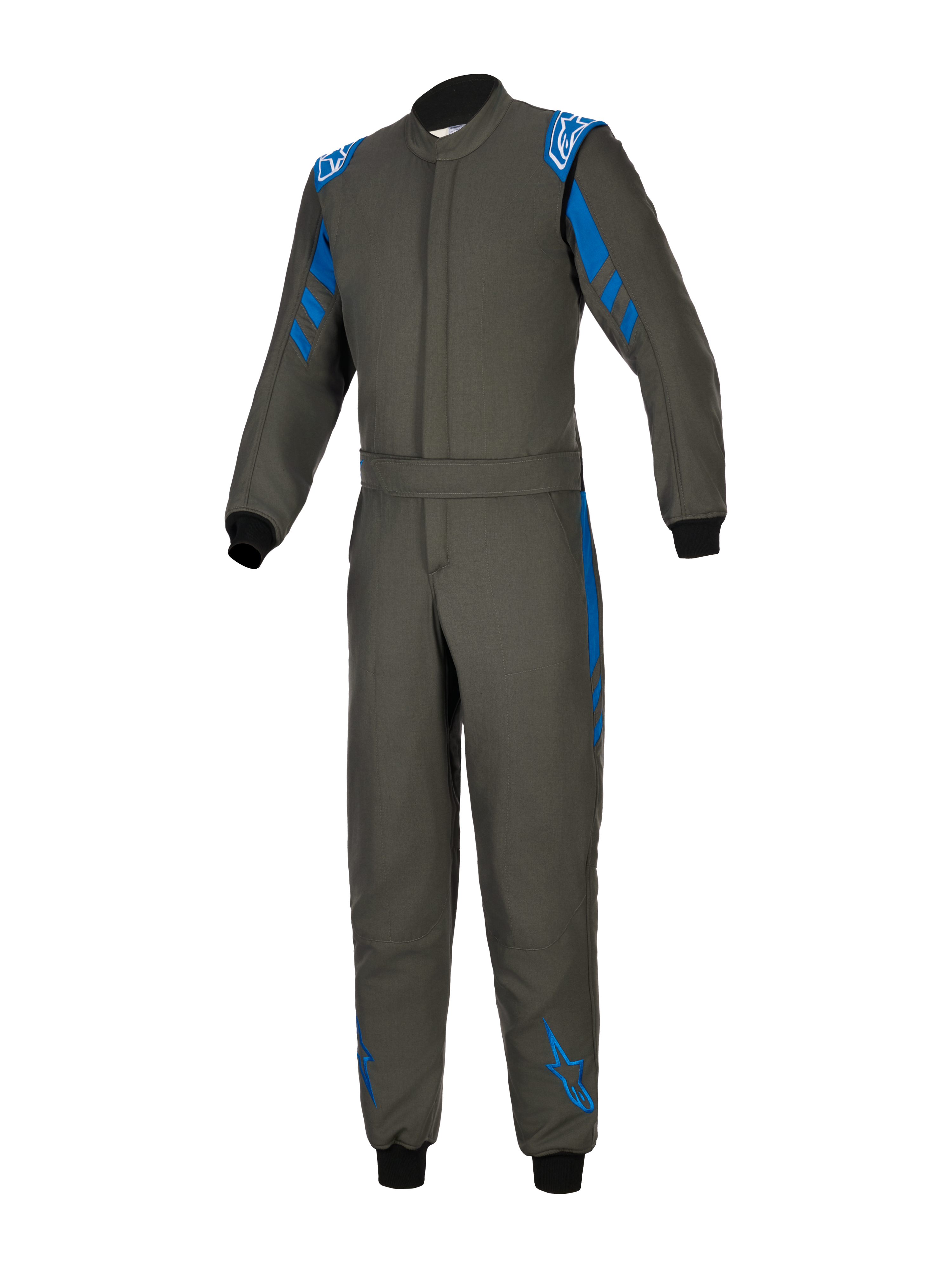 Alpinestars GP Race V3 Suit FIA, antracitblå racingoverall, helkroppsdräkt i textil med blå detaljer på axlar och ben, vita Alpinestars-logotyper, svarta ribbstickade muddar, justerbart bälte i midjan, professionell skyddsutrustning för motorsport