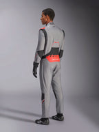 Alpinestars Hypertech V3-dräkt i Mid Gray Black Red Fluo, trekvartsvy bakifrån, med framträdande röd Alpinestars-logotyp på ländryggen, svarta stretchpaneler och en smidig atletisk passform för professionell bilsport.