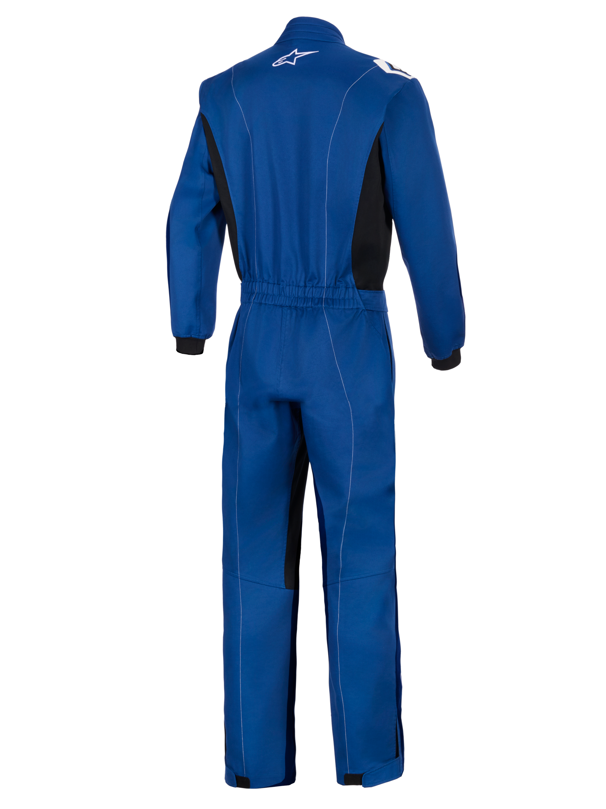 Alpinestars Kart Indoor V2-overall, blå, vy bakifrån av en kartingdräkt i ett lager, med elastiskt midjeband, svarta sidopaneler, vita kontrastsömmar och vit Alpinestars-logotyp på kragen.