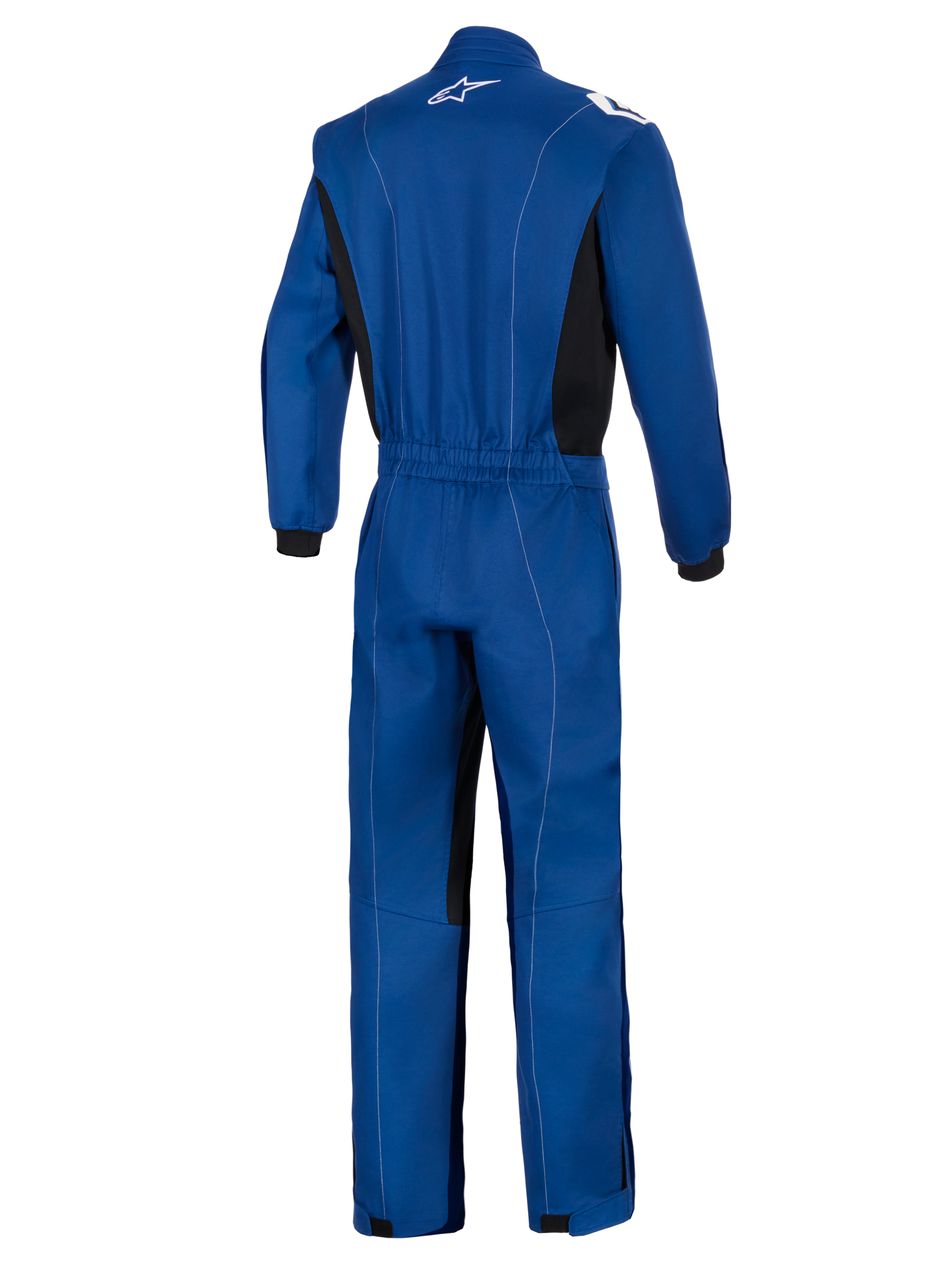 Alpinestars Kart Indoor V2 Suit, Blue, Rear view of a single-layer kart racing suit, featuring an elastic waistband, black side panels, white contrast stitching, and white Alpinestars logo on the collar.