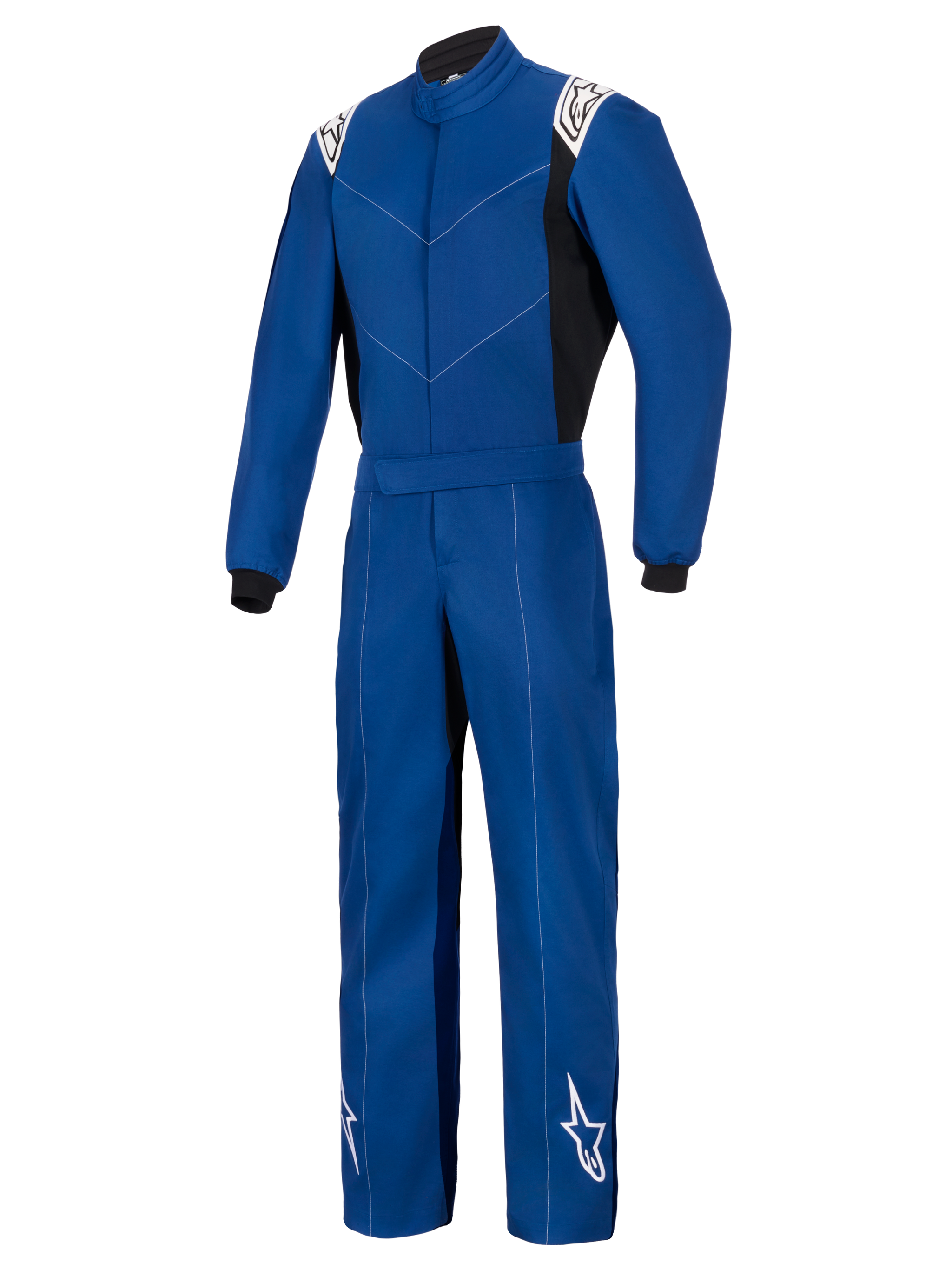 Alpinestars Kart Indoor V2 Overall, blå, kartingoverall i ett stycke, vita Alpinestars-logotyper på axlar och underben, svarta sidopaneler och handledsmuddar, slitstark enkellagers poly-bomullstwill för rekreationsracing