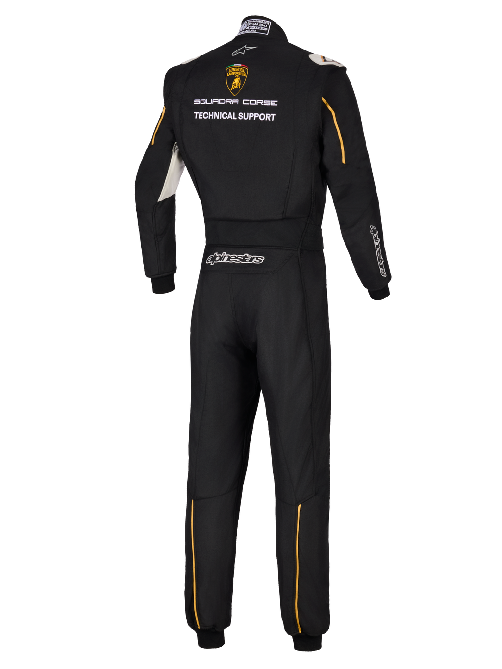 Alpinestars Limited Edition Lamborghini GP Tech V4 Dräkt FIA, baksida av professionell svart racingdräkt, Lamborghini Squadra Corse-logotyp och Technical Support-text, guldaccenter och silverfärgad Alpinestars-logotyp.