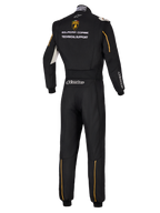Alpinestars Limited Edition Lamborghini GP Tech V4 Dräkt FIA, baksida av professionell svart racingdräkt, Lamborghini Squadra Corse-logotyp och Technical Support-text, guldaccenter och silverfärgad Alpinestars-logotyp.