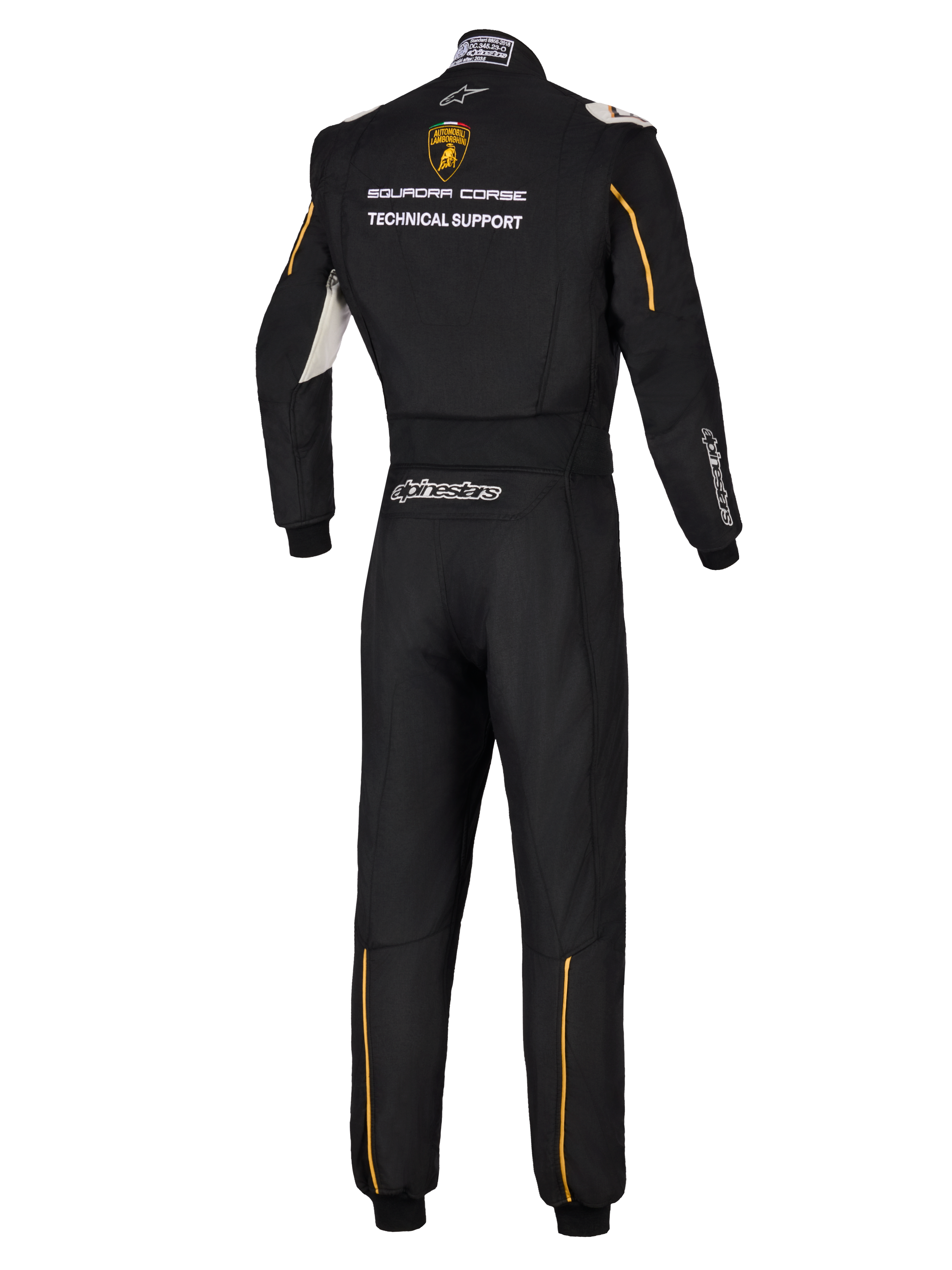 Alpinestars Limited Edition Lamborghini GP Tech V4 Dräkt FIA, baksida av professionell svart racingdräkt, Lamborghini Squadra Corse-logotyp och Technical Support-text, guldaccenter och silverfärgad Alpinestars-logotyp.