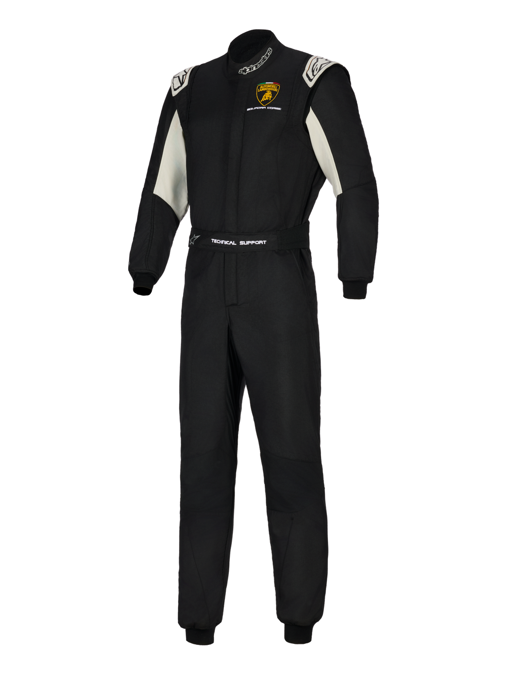 Alpinestars Limited Edition Lamborghini GP Tech V4 Dräkt, professionell racingdräkt, svart med detaljer i silver och vitt, med Lamborghini Squadra Corse-logotyp på bröstet, 'Technical Support'-märkning på bältet och Alpinestars-logotyper på kragen och axlarna