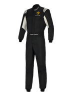 Alpinestars Limited Edition Lamborghini GP Tech V4 Dräkt, professionell racingdräkt, svart med detaljer i silver och vitt, med Lamborghini Squadra Corse-logotyp på bröstet, 'Technical Support'-märkning på bältet och Alpinestars-logotyper på kragen och axlarna