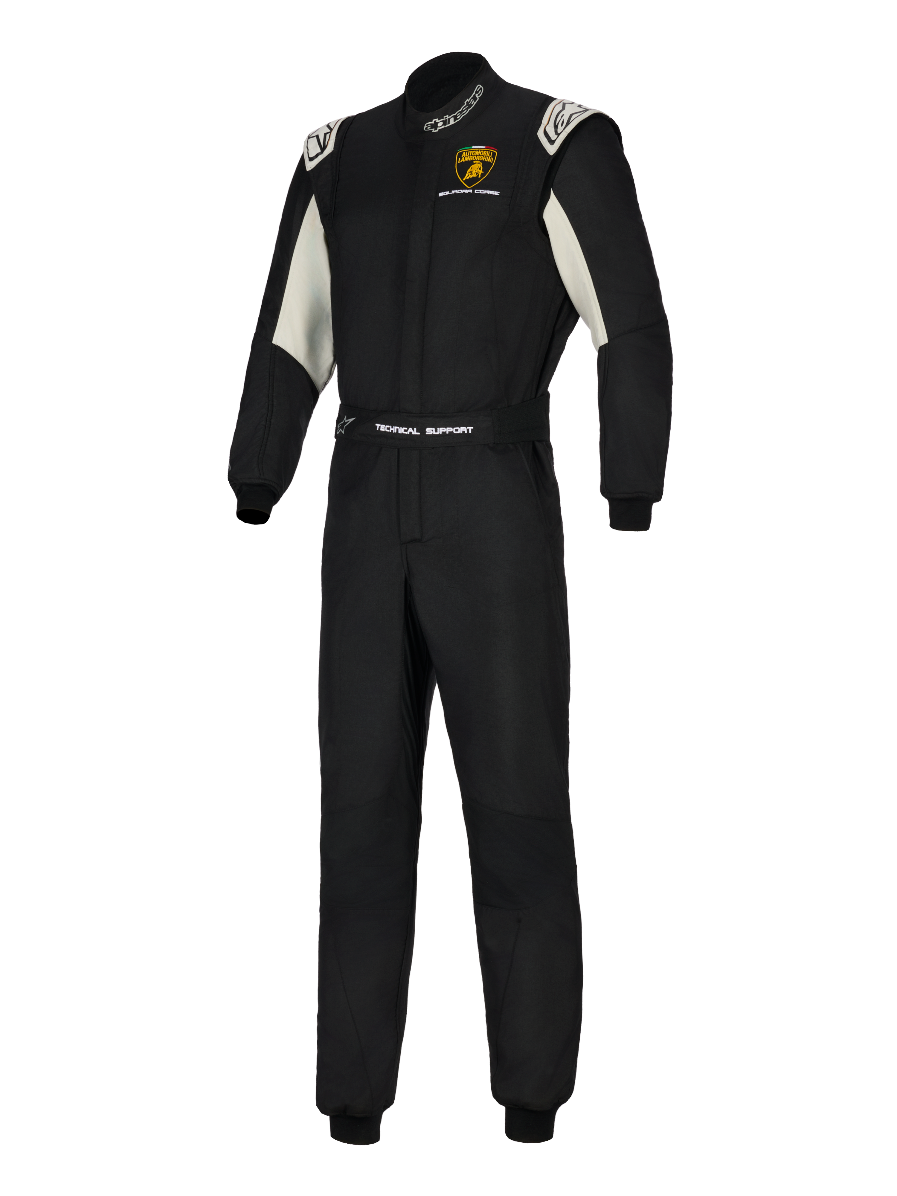 Alpinestars Limited Edition Lamborghini GP Tech V4 Dräkt, professionell racingdräkt, svart med detaljer i silver och vitt, med Lamborghini Squadra Corse-logotyp på bröstet, 'Technical Support'-märkning på bältet och Alpinestars-logotyper på kragen och axlarna