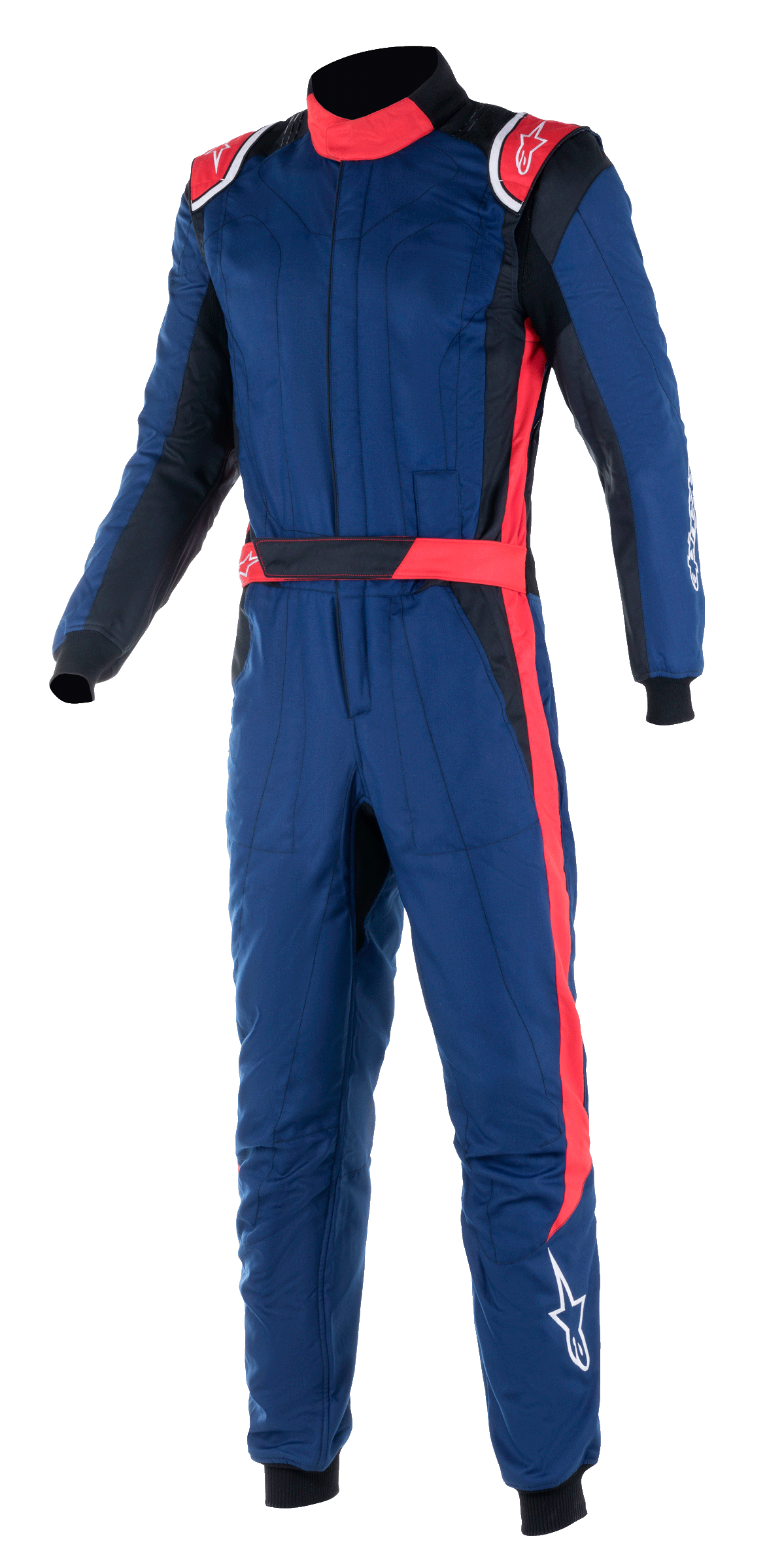 Alpinestars GP Pro Comp V2 FIA-overall, professionell racingoverall för bilsport, marinblå med röda och svarta detaljer, röda axelklaffar, hög krage, röd rand längs benet, skyddsutrustning för motorsport