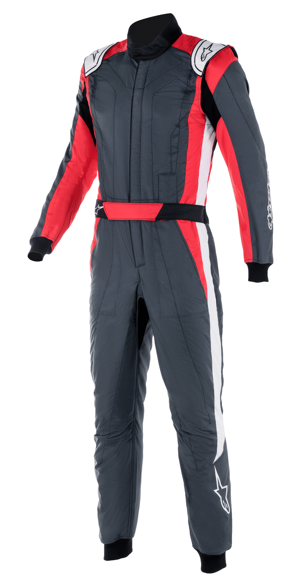 Alpinestars GP Pro Comp V2 FIA Suit, Auto Racing Suit, Asphalt Gray with Red and White accents, featuring a high collar, integrated red waist belt, and white side stripes, professional motorsport protective gear
