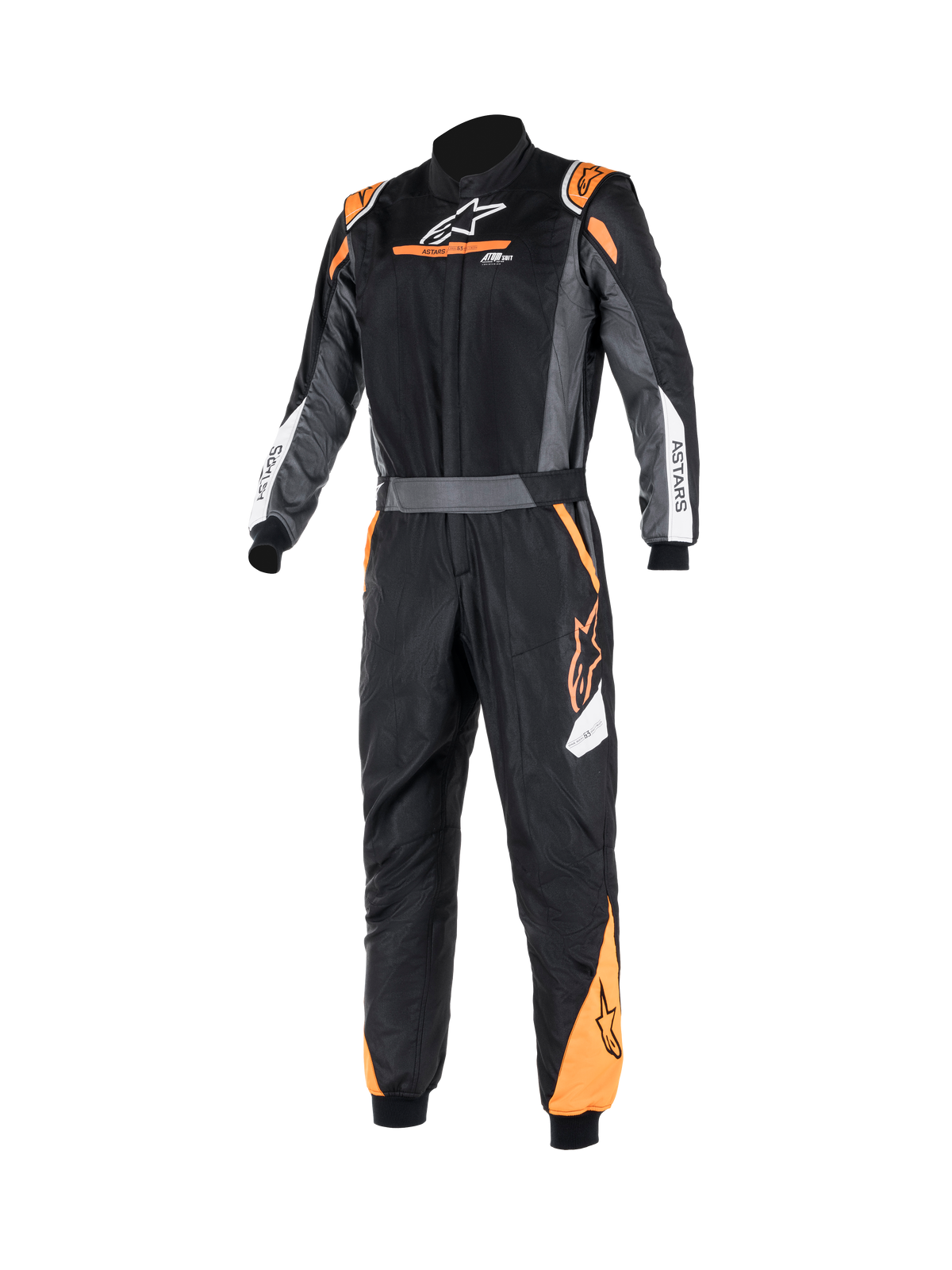 Alpinestars Atom Graphic ställ, FIA-godkänd racingoverall i ett stycke i svart, antracit och fluororange, framifrån med flamskyddad aramidkonstruktion, bältesmidja och ASTARS-märkning.