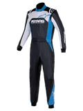Alpinestars Atom Graphic 4 Suit, One-Piece Auto Racing Suit, Black Silver and Blue, featuring bold ASTARS branding on the chest, white and blue panels, high collar, and ribbed cuffs, professional motorsport protective apparel