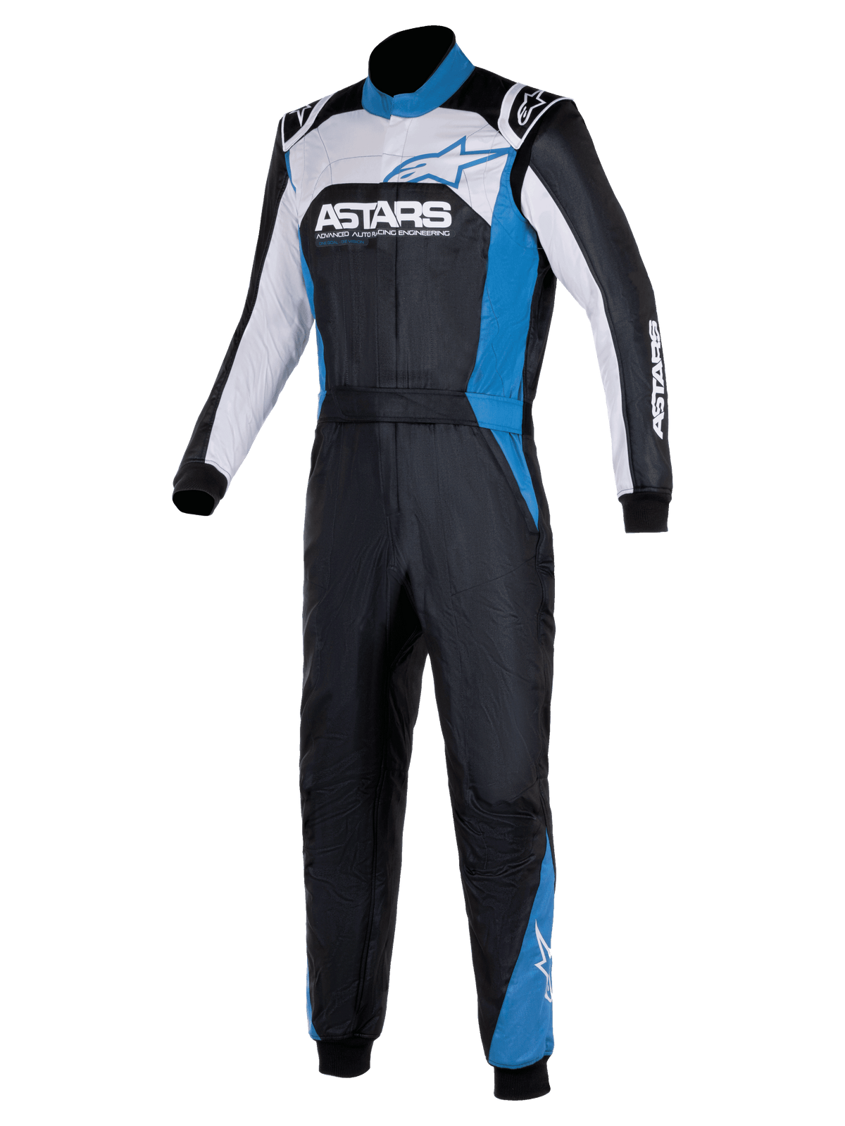 Alpinestars Atom Graphic 4 Suit, One-Piece Auto Racing Suit, Black Silver and Blue, featuring bold ASTARS branding on the chest, white and blue panels, high collar, and ribbed cuffs, professional motorsport protective apparel