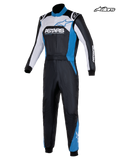 Alpinestars Atom Graphic 4 MC-ställ, FIA-certifierad racingoverall för herr i svart, silver och blått, framifrån som visar tvålagers aramidkonstruktion