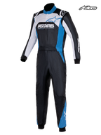 Alpinestars Atom Graphic 4 MC-ställ, FIA-certifierad racingoverall för herr i svart, silver och blått, framifrån som visar tvålagers aramidkonstruktion