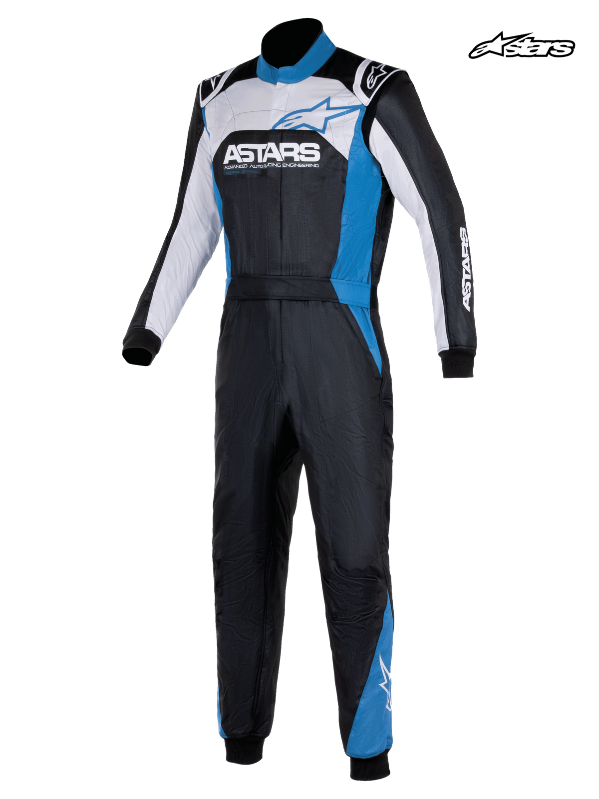 Alpinestars Atom Graphic 4 MC-ställ, FIA-certifierad racingoverall för herr i svart, silver och blått, framifrån som visar tvålagers aramidkonstruktion