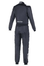 Alpinestars Atom FIA Suit, Auto Racing Suit, Rear View in Black, featuring white Alpinestars branding on the lower back and right calf, FIA homologation label on the collar, sleek one-piece textile construction for professional motorsport safety