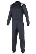 Alpinestars Atom FIA Suit, Black Auto Racing Suit, one-piece design featuring white Alpinestars logos on shoulders and left leg, high collar with ribbed cuffs and waist belt, professional motorsport and racing apparel