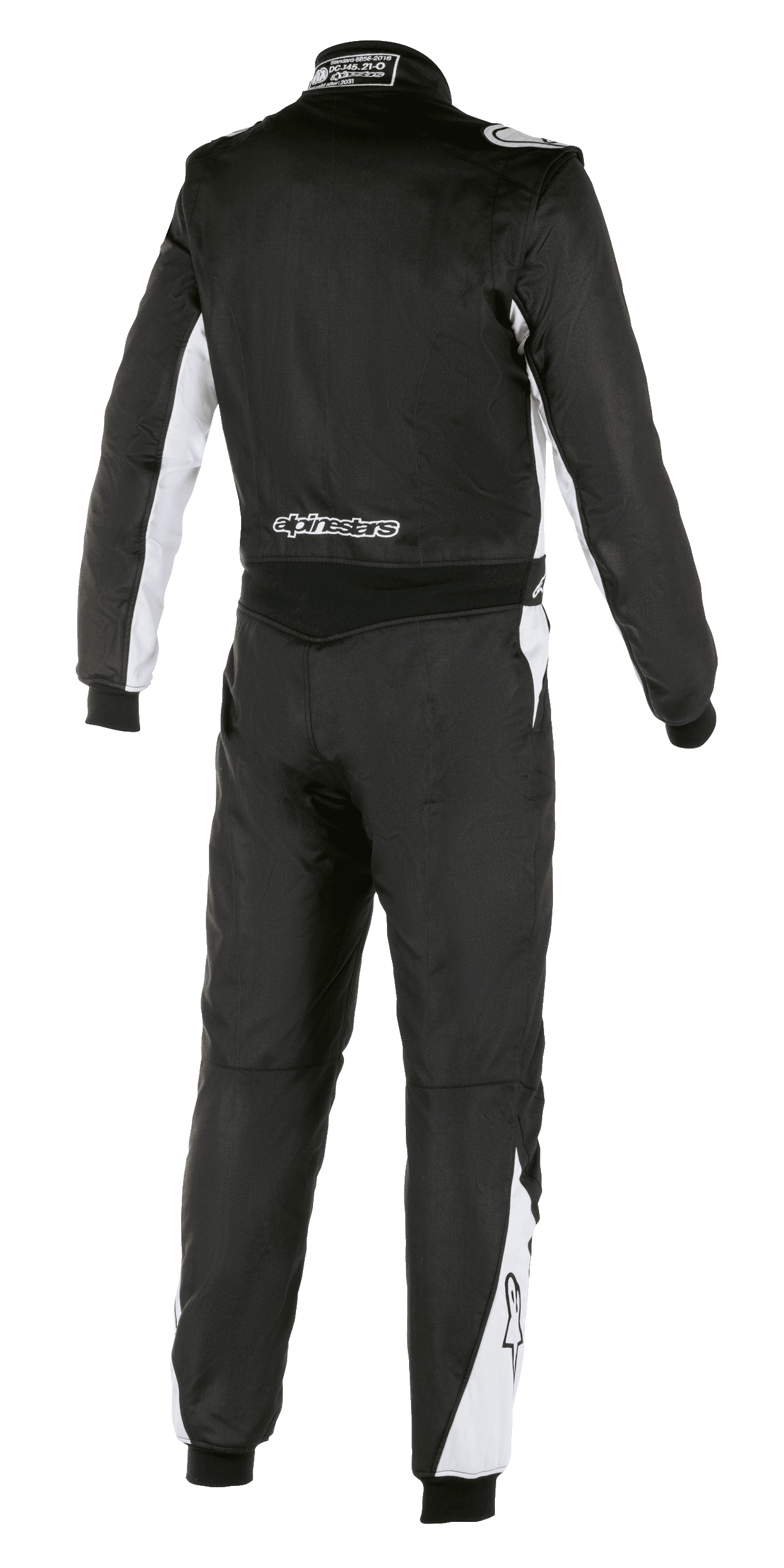 Alpinestars Atom FIA Suit, Auto Racing Suit, Black and Silver, rear view, featuring white accents on sleeves and legs, Alpinestars branding on lower back, durable aramidic construction for professional motorsport