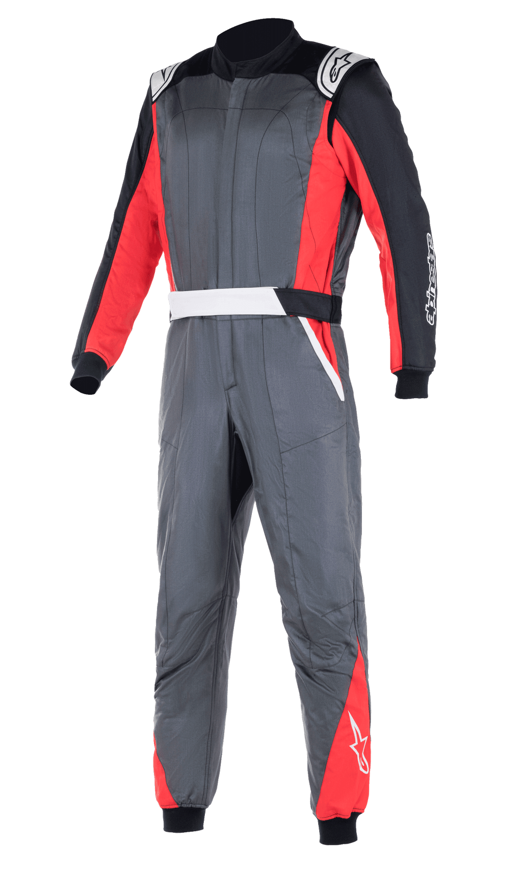 Alpinestars Atom FIA Suit, Professional Auto Racing Suit, Anthracite Gray with Red and Black Panels, featuring white shoulder epaulettes and logo branding, two-layer construction for heat and flame protection