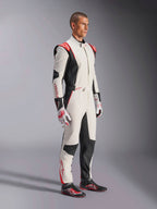 Male racing driver wearing Alpinestars GP Tech V4 Suit, White Black and Red, full-length one-piece auto racing suit, matching gloves and racing shoes, professional motorsport gear with Alpinestars branding and ergonomic design