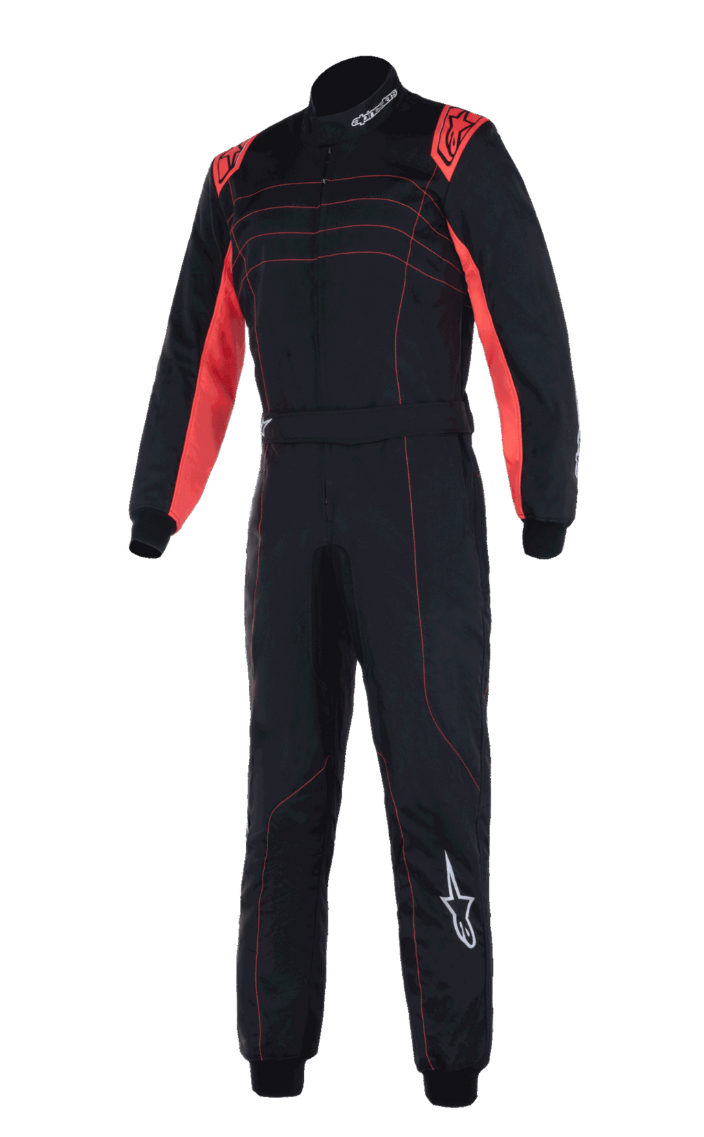 Alpinestars KMX-9 V3 Suit, professional karting race suit, Black and Red Fluo, featuring dual-layer construction with red fluorescent panels on shoulders and inner arms, red accent stitching, and white Alpinestars logo on the left leg.