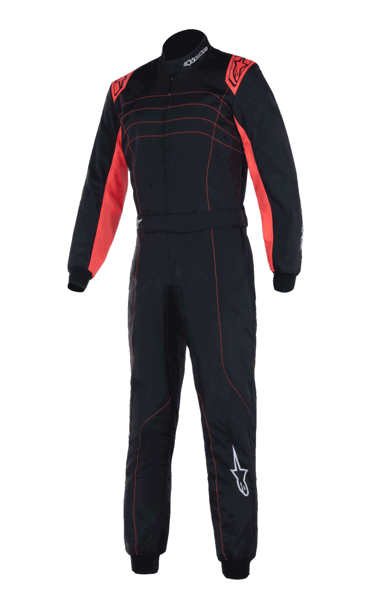 Alpinestars KMX-9 V3 Suit, professional karting race suit, Black and Red Fluo, featuring dual-layer construction with red fluorescent panels on shoulders and inner arms, red accent stitching, and white Alpinestars logo on the left leg.