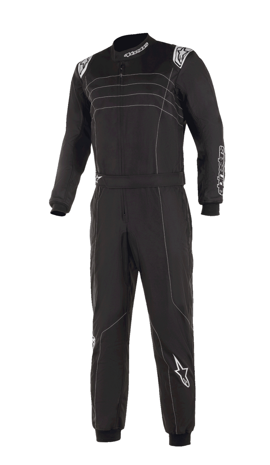 Alpinestars KMX-9 V3 Suit, svart och vit kartingoverall, med vita kontrastsömmar och logotyper, helkroppsmodell med justerbart midjebälte, stickade muddar, professionellt motorsportutseende