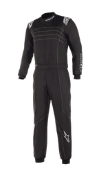 Alpinestars KMX-9 V3 Suit, svart och vit kartingoverall, med vita kontrastsömmar och logotyper, helkroppsmodell med justerbart midjebälte, stickade muddar, professionellt motorsportutseende