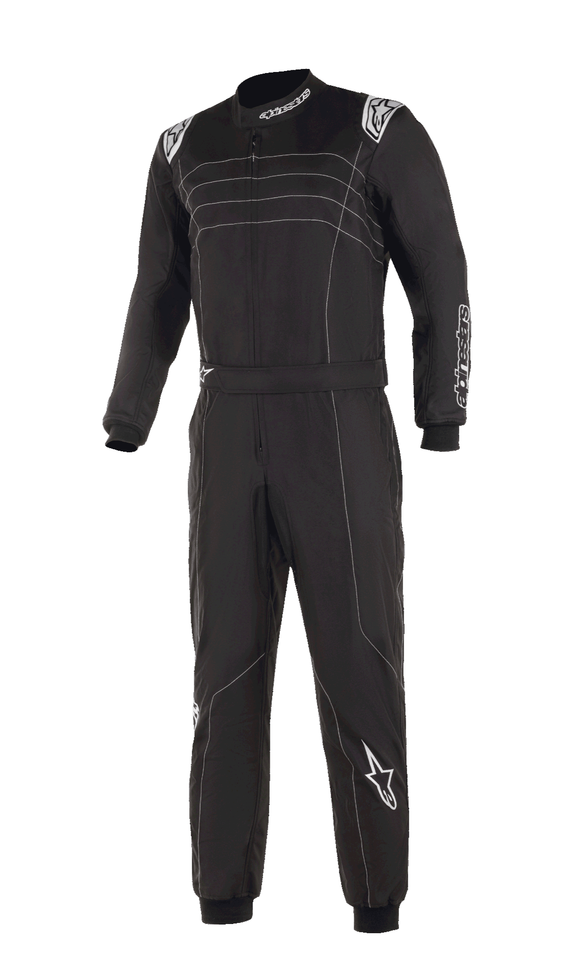 Alpinestars KMX-9 V3 Suit, svart och vit kartingoverall, med vita kontrastsömmar och logotyper, helkroppsmodell med justerbart midjebälte, stickade muddar, professionellt motorsportutseende
