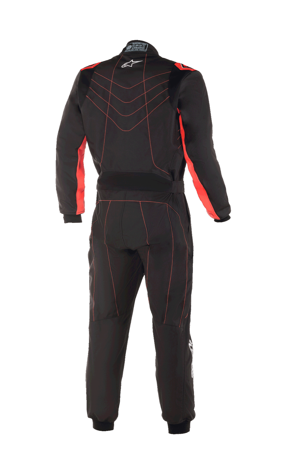 Alpinestars Youth KMX-9 V3 Suit, kartingoverall, svart och röd fluo, vy bakifrån med röda kontrastsömmar i ett chevron-mönster på ryggen, röda paneler på insidan av ärmarna, liten vit stjärnlogotyp på kragen och ett justerbart midjebälte för en professionell racinglook.
