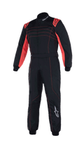 Alpinestars Youth KMX-9 V3-overall, karting-overall, svart och röd fluo, endelsdesign med röda axeldetaljer och sömmar, vita Alpinestars-logotyper, hög krage för ungdomstävlingar