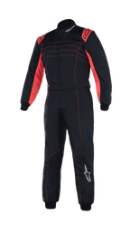 Alpinestars Youth KMX-9 V3-overall, karting-overall, svart och röd fluo, endelsdesign med röda axeldetaljer och sömmar, vita Alpinestars-logotyper, hög krage för ungdomstävlingar