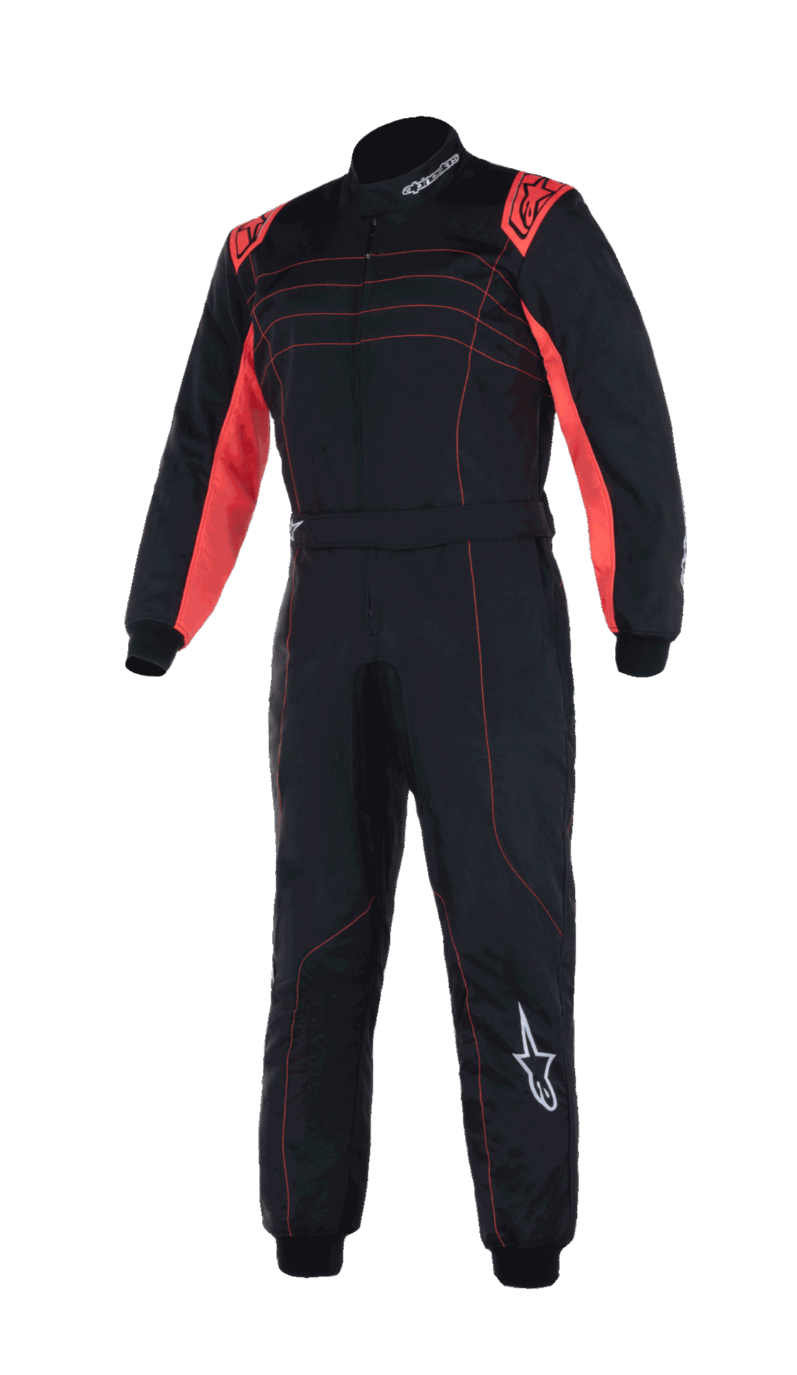 Alpinestars Youth KMX-9 V3-overall, karting-overall, svart och röd fluo, endelsdesign med röda axeldetaljer och sömmar, vita Alpinestars-logotyper, hög krage för ungdomstävlingar