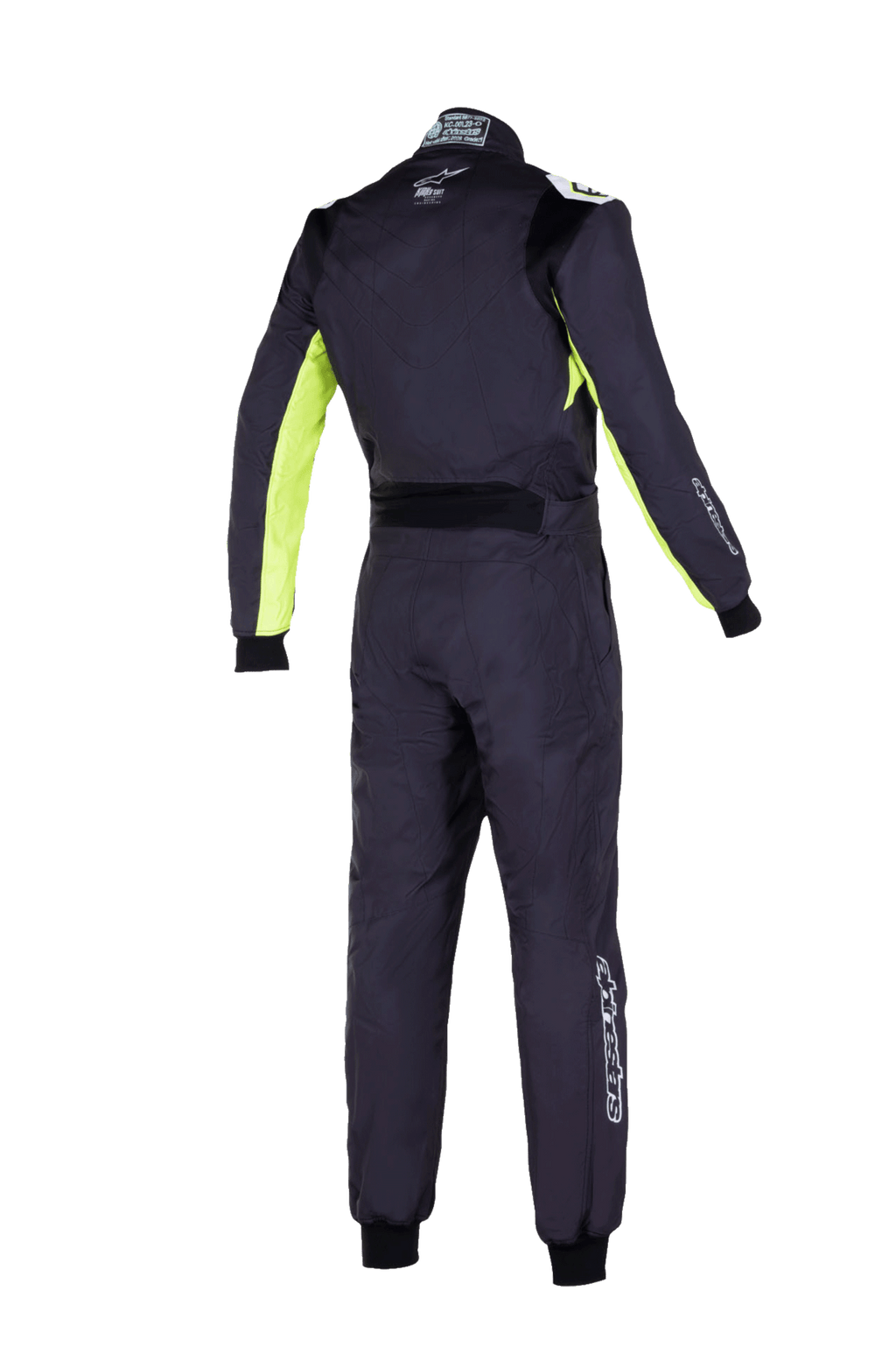 Alpinestars Youth KMX-9 V3 Suit Graphic 3, Youth Karting Suit, Black and Yellow Fluo, rear view of one-piece racing suit featuring stretch panels on the back and shoulders, fluorescent yellow accents on inner arms, and Alpinestars branding on the collar and lower leg