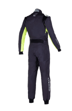Alpinestars Youth KMX-9 V3 Suit Graphic 3, Youth Karting Suit, Black and Yellow Fluo, rear view of one-piece racing suit featuring stretch panels on the back and shoulders, fluorescent yellow accents on inner arms, and Alpinestars branding on the collar and lower leg