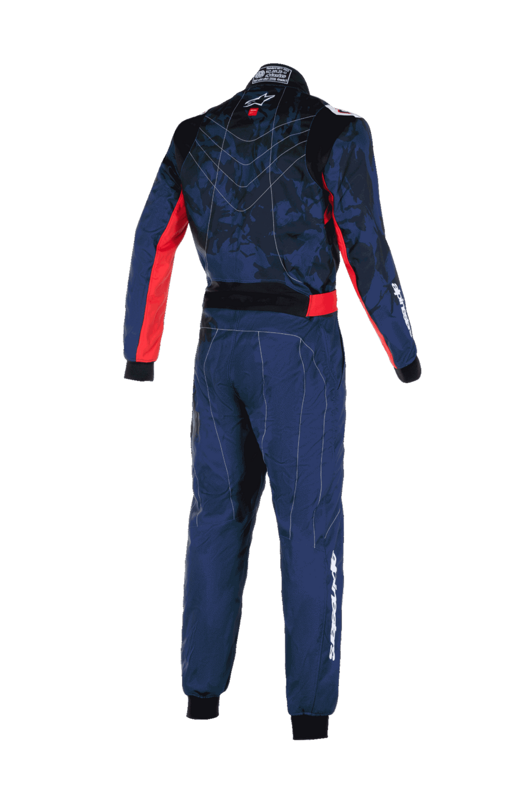 Alpinestars KMX-9 V3 Graphic 5 Suit, kartingdräkt, marinblå och röd, ryggvy som visar en kamouflagemönstrad övre del med röda sidodetaljer, vit Alpinestars-logotyp på ärm och ben, teknisk konstruktion för racingprestanda.