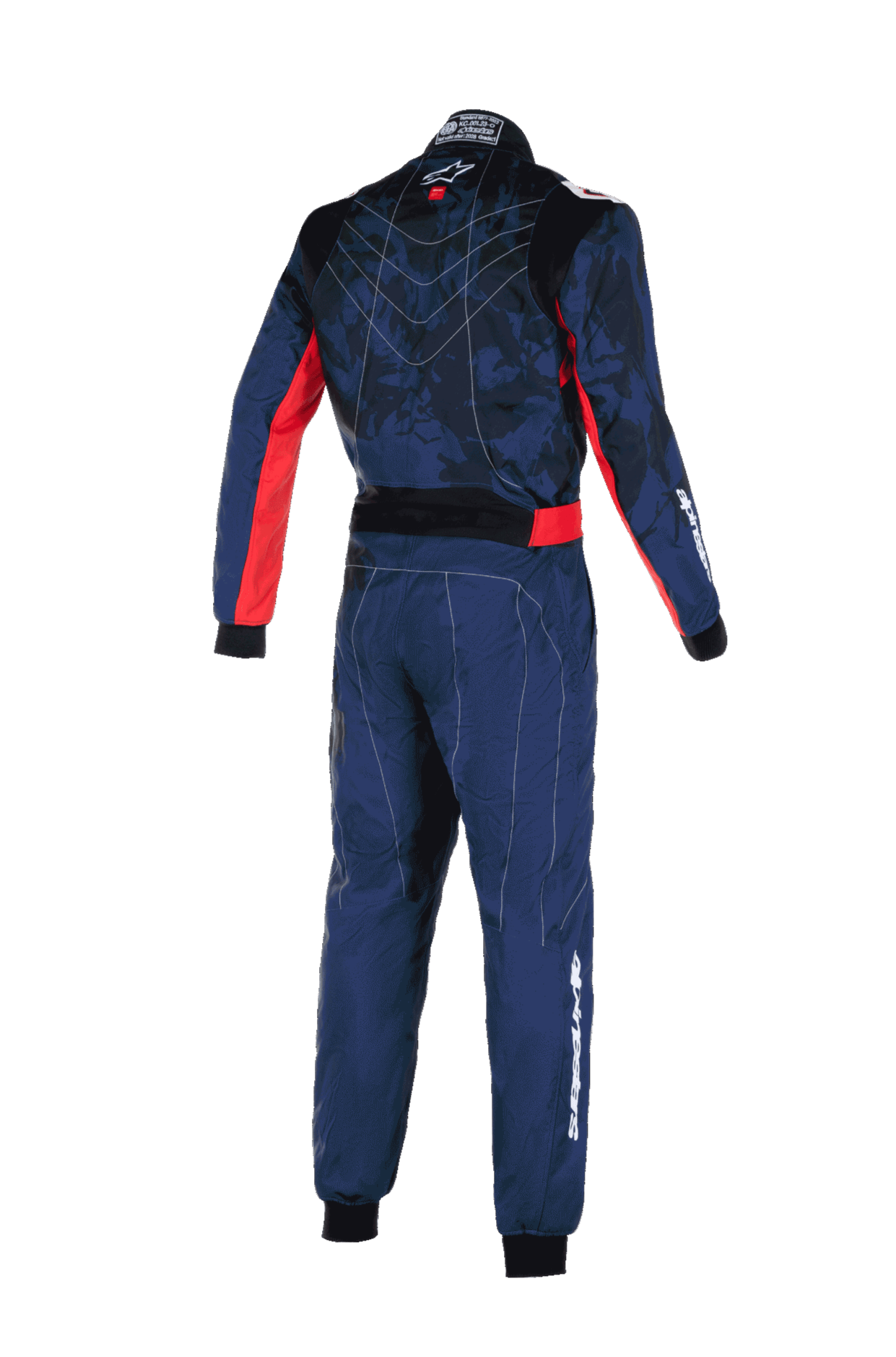 Alpinestars KMX-9 V3 Graphic 5 Suit, kartingdräkt, marinblå och röd, ryggvy som visar en kamouflagemönstrad övre del med röda sidodetaljer, vit Alpinestars-logotyp på ärm och ben, teknisk konstruktion för racingprestanda.