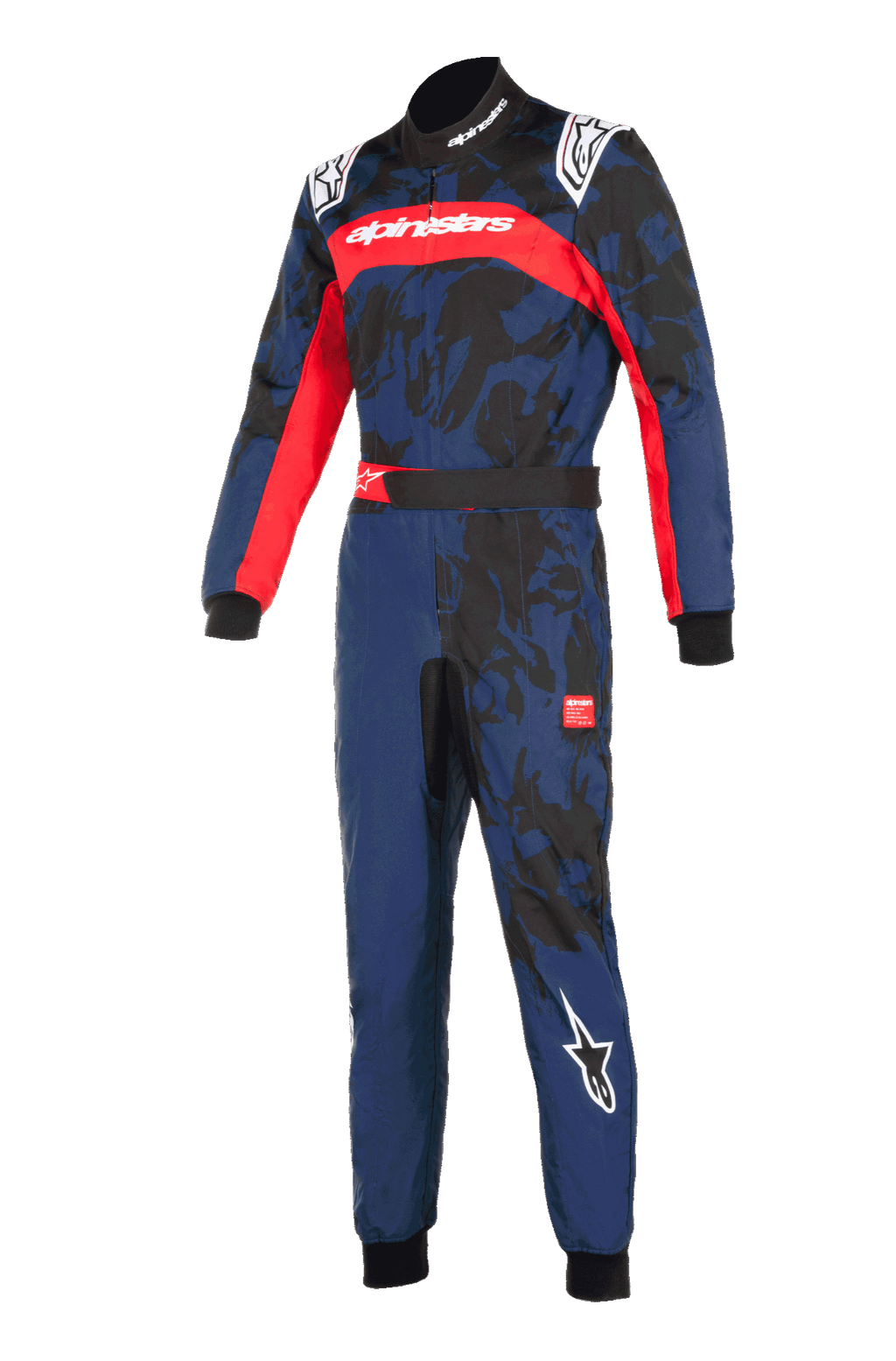 Alpinestars KMX-9 V3 Graphic 5 Suit, marinblå och röd kartingoverall, marinblå med svart kamouflagemönster och livfulla röda detaljer, har Alpinestars-logotyper på bröstet, axlarna och benet, professionell racingdesign