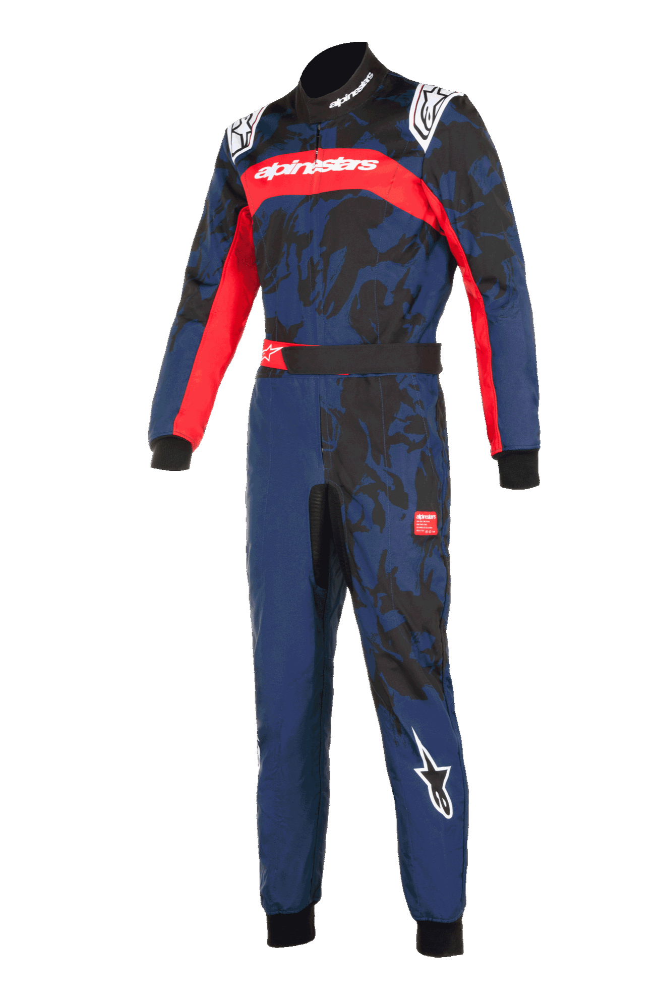 Alpinestars KMX-9 V3 Graphic 5 Suit, marinblå och röd kartingoverall, marinblå med svart kamouflagemönster och livfulla röda detaljer, har Alpinestars-logotyper på bröstet, axlarna och benet, professionell racingdesign