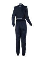 Alpinestars Stella GP Pro Comp V2 racingoverall för damer - FIA, vy bakifrån, svart asfalt och vit, med vita Stella- och Alpinestars-logotyper, professionell bilsportoverall med axelepauletter och anatomisk panelindelning för kvinnor.