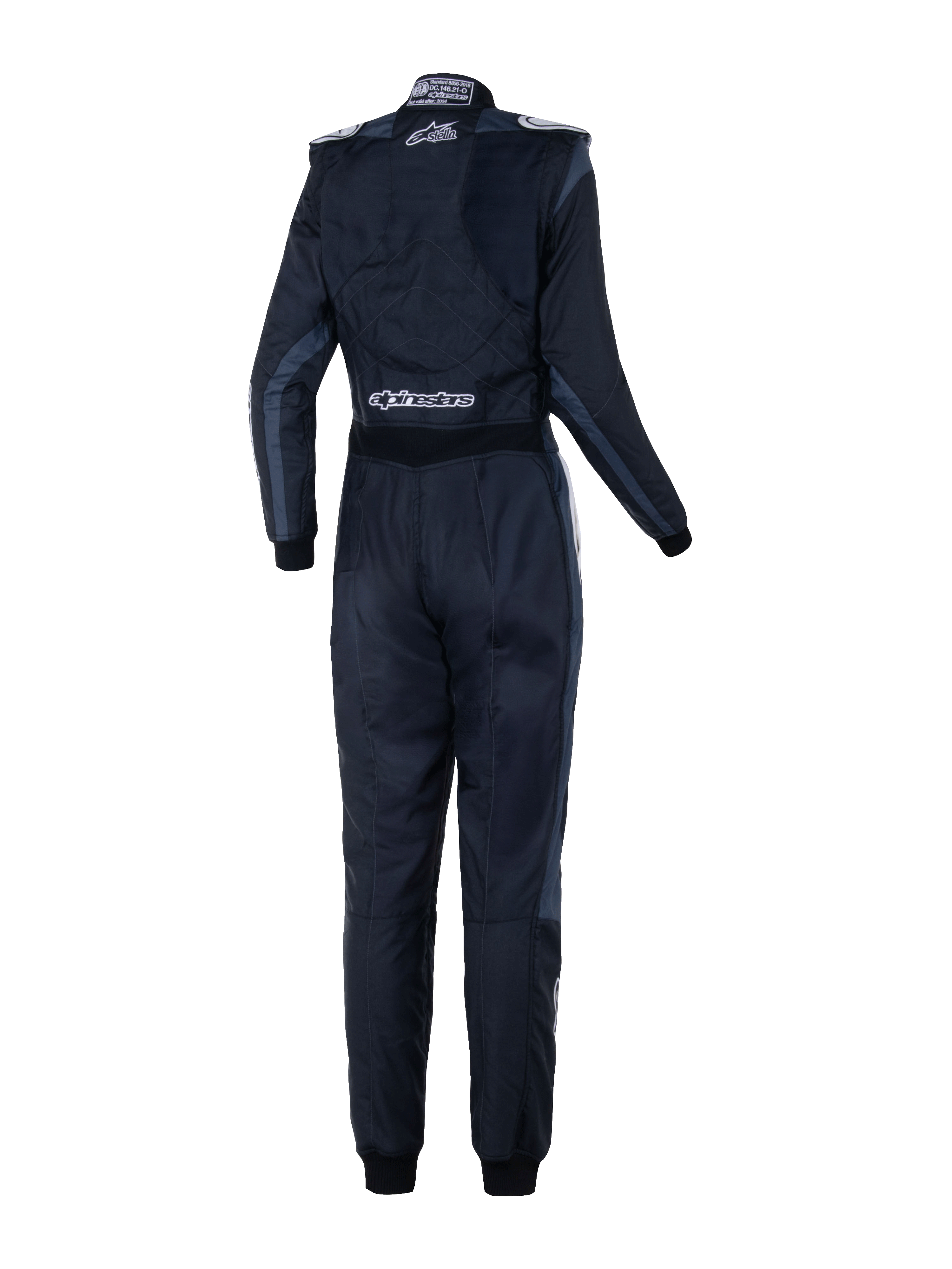 Alpinestars Stella GP Pro Comp V2 racingoverall för damer - FIA, vy bakifrån, svart asfalt och vit, med vita Stella- och Alpinestars-logotyper, professionell bilsportoverall med axelepauletter och anatomisk panelindelning för kvinnor.