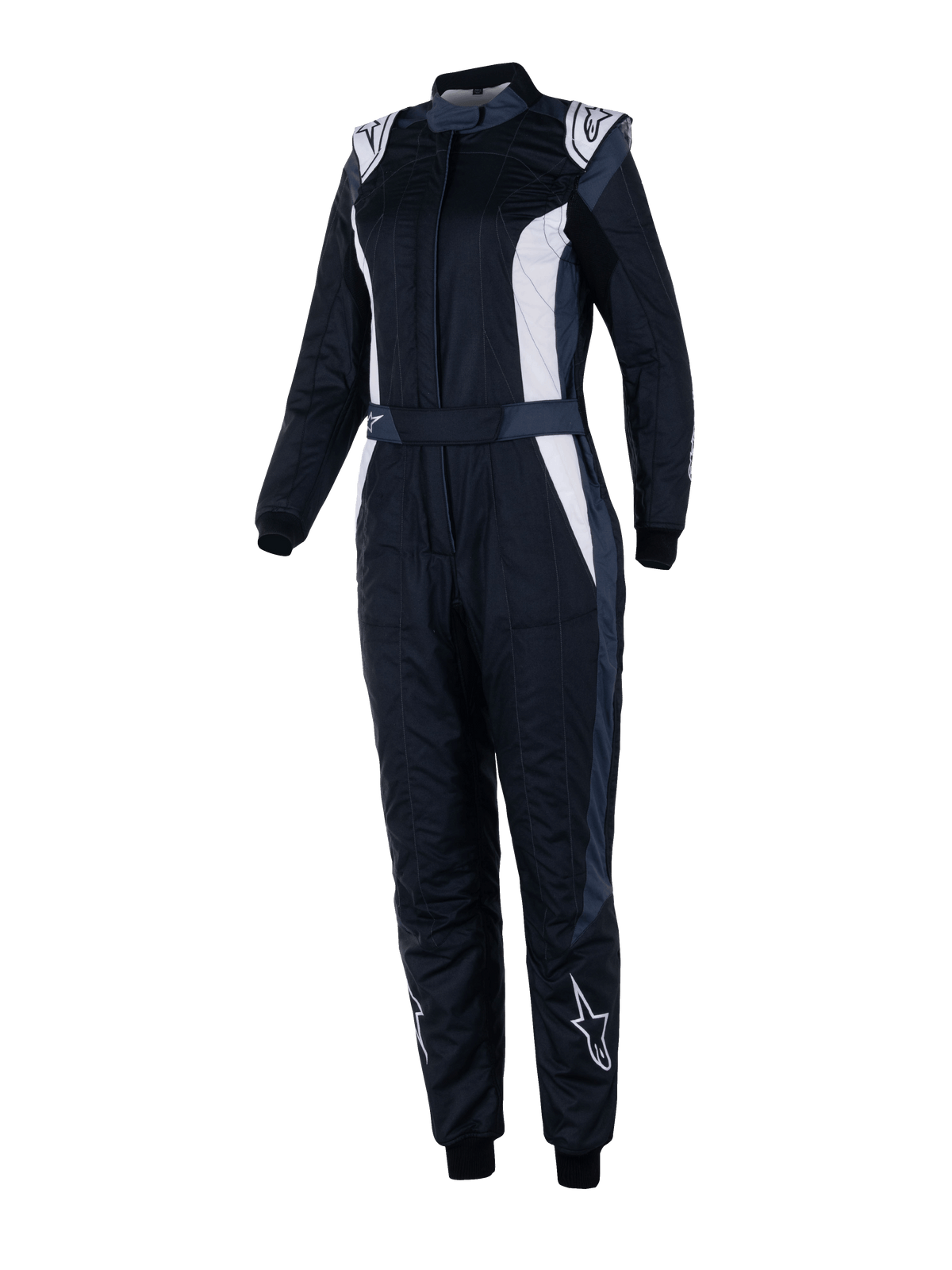 Alpinestars Stella GP Pro Comp V2 racingoverall, FIA-godkänd racingoverall för damer, svart, asfaltgrå och vit, långärmad med hög krage, vita logotyper på axlar och smalben, justerbart midjebälte, elastiska muddar, aerodynamisk design för professionell motorsport
