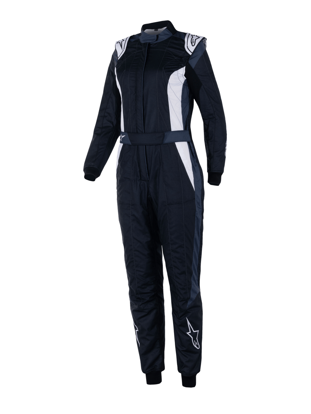 Alpinestars Stella GP Pro Comp V2 racingoverall, FIA-godkänd racingoverall för damer, svart, asfaltgrå och vit, långärmad med hög krage, vita logotyper på axlar och smalben, justerbart midjebälte, elastiska muddar, aerodynamisk design för professionell motorsport