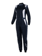 Alpinestars Stella GP Pro Comp V2 racingoverall, FIA-godkänd racingoverall för damer, svart, asfaltgrå och vit, långärmad med hög krage, vita logotyper på axlar och smalben, justerbart midjebälte, elastiska muddar, aerodynamisk design för professionell motorsport