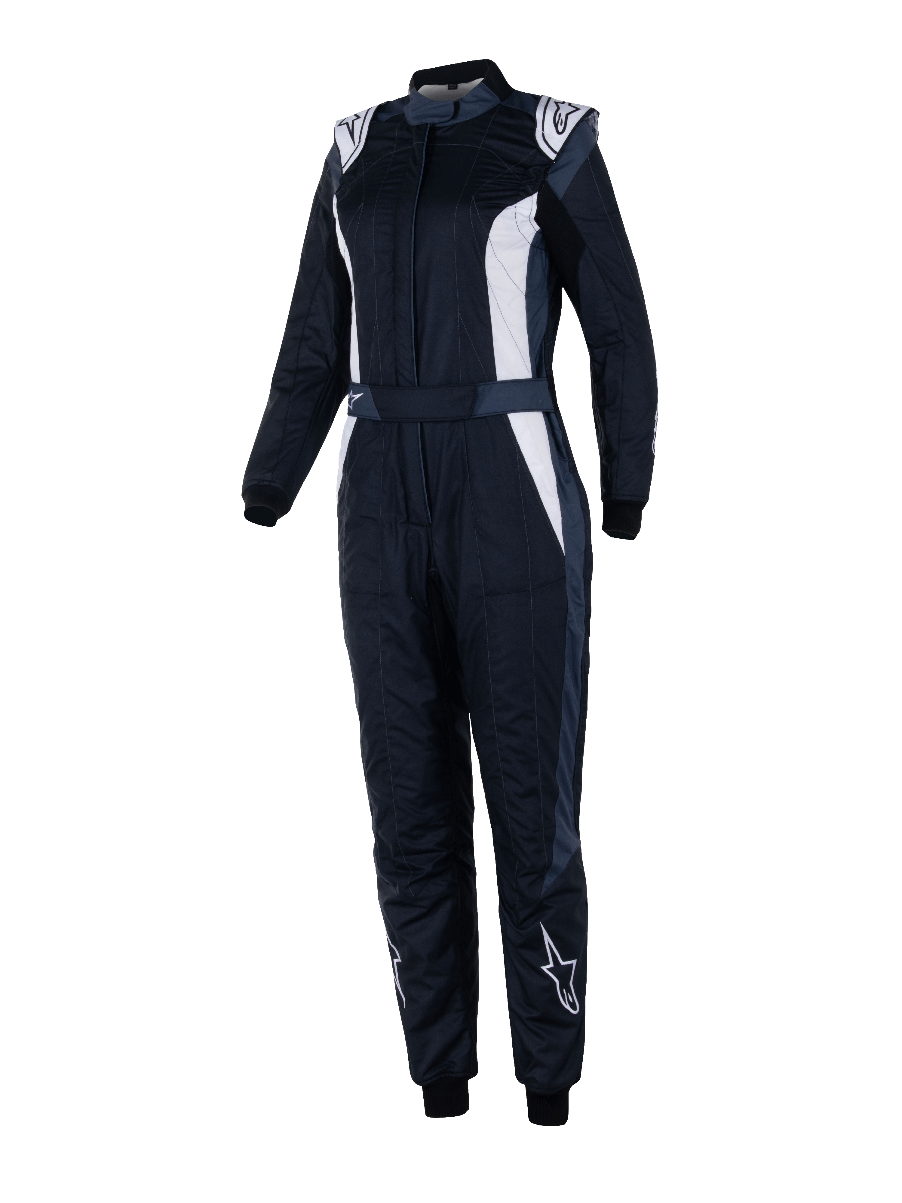 Alpinestars Stella GP Pro Comp V2 racingoverall, FIA-godkänd racingoverall för damer, svart, asfaltgrå och vit, långärmad med hög krage, vita logotyper på axlar och smalben, justerbart midjebälte, elastiska muddar, aerodynamisk design för professionell motorsport