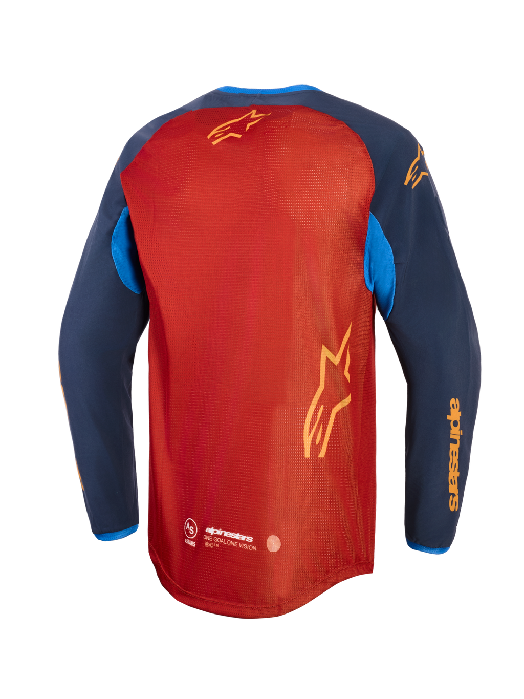 Alpinestars Maxdura Dual Jersey, äventyrsmotorcykeltröja, rostbrun och Mood Indigo med klarblå detaljer, baksida som visar hel mesh-torso, förlängt ryggparti och gula Alpinestars-logotyper på ärmar och rygg